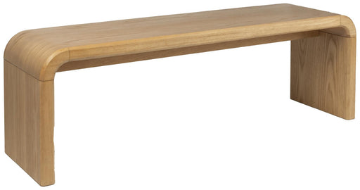 Bank Sitzbank BRAVE 140 cm mit Eichenfurnier in Gesamtansicht von vorne mit abgerundeten Kanten und massiven Holzbeinen.