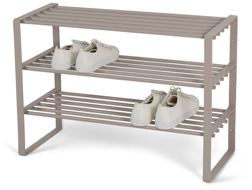 Flurregal Schuhregal REX SR 2 in Silky Taupe mit drei horizontalen Latten-Ablagen in Gesamtansicht.