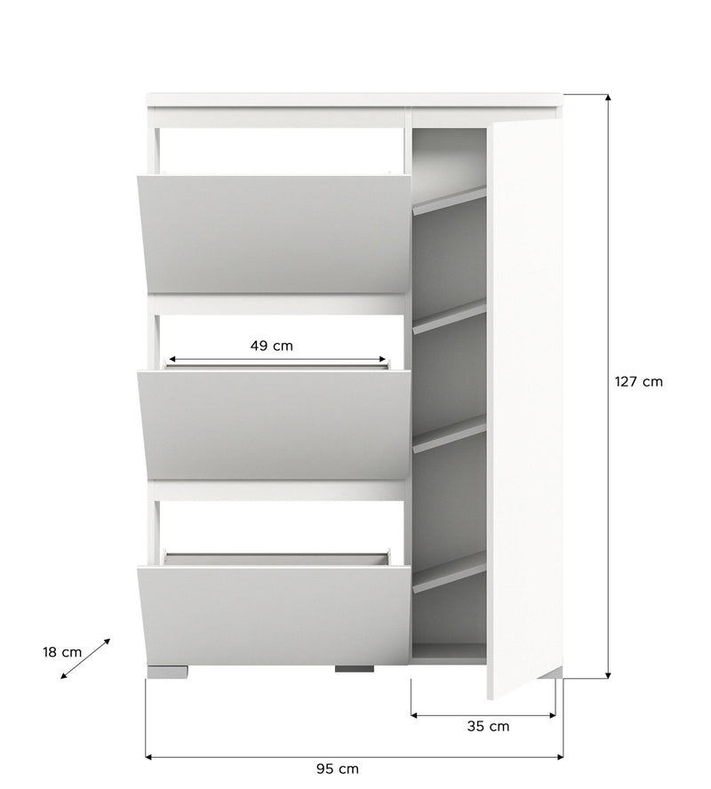 SHOELOVE Schuhschrank 3 Klappen 1 Türe weiß B 95 x H 127 cm + T 18 cm