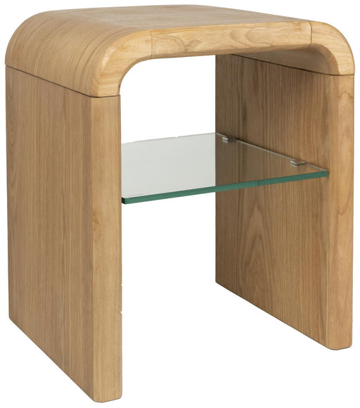 Gesamtansicht des Beistelltischs BRAVE 50 cm mit abgerundeter Holzstruktur in Eiche und integrierter Glasablage.