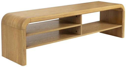 Sideboard Lowboard BRAVE 160 cm mit gerundeten Seitenkanten und offenen Fächern in Eiche, Gesamtansicht von vorne.