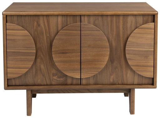 Sideboard GROOVE mit zwei Türen und geometrischen Kreismotiven in Walnussfurnier, Gesamtansicht von vorne.