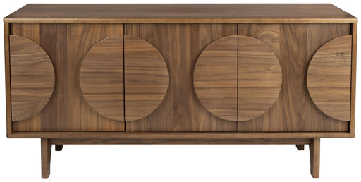 Sideboard GROOVE mit drei Türen und aufwendig geschnitzten Kreismustern in Walnussfurnier, Gesamtansicht.
