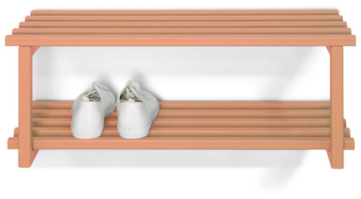 Schuhregal RIZZOLI / MARCO COLOR EDITION in Terrakotta mit Slatted-Design, Draufsicht mit Schuhen auf der unteren Ablage.