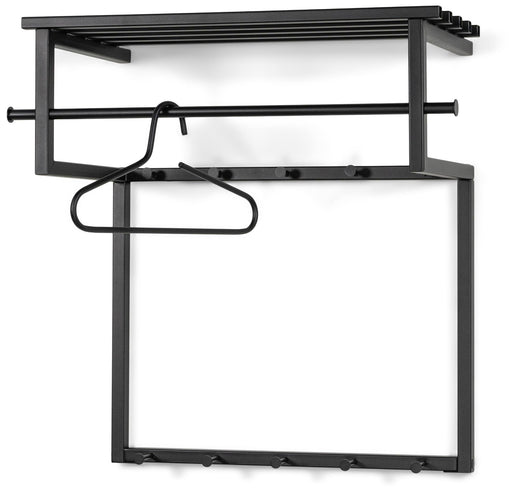 Wandgarderobe RIZZOLI BLACK EDITION mit Hutablage, Gesamtansicht von vorne mit Kleiderstange und schwarzem Metallrahmen.