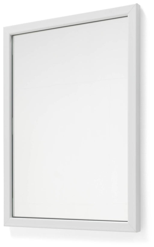 Spiegel SENZA M1 Stahl in verschiedenen Farben von Spinder Design mit weißem Rahmen in Gesamtansicht.