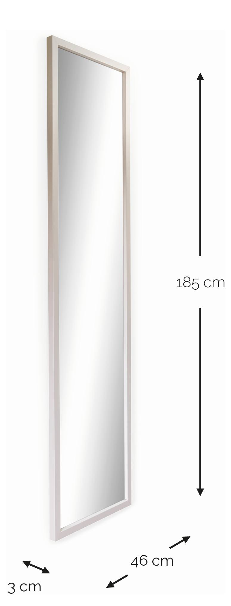 Ganzkörperspiegel mit den Maßen 185 cm Höhe, 46 cm Breite und 3 cm Tiefe