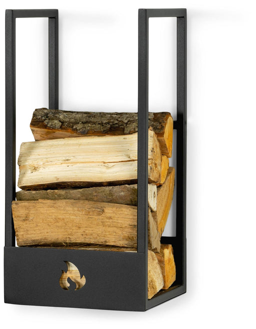Kaminholzablage LUMBER LOCKER mit schwarzem Metallrahmen und gefülltem Holzfach, Gesamtansicht.