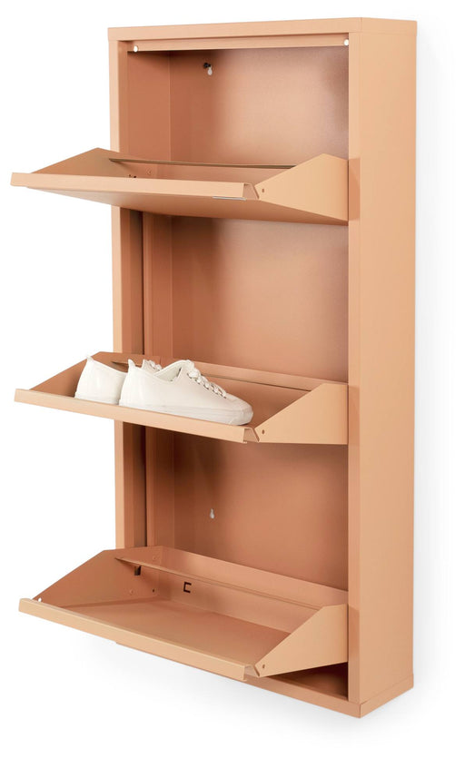 Schuhschrank Schuhkipper BILLY 3 in Gesamtansicht mit vier aufgeklappten Schuhfächern in heller Holzoptik.