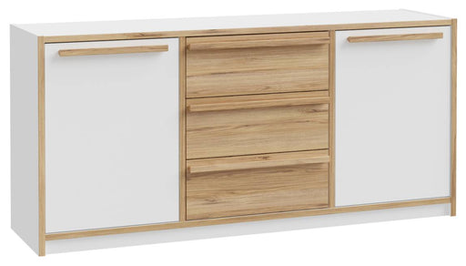 Sideboard S-ROOM in Weiß und Catania Eiche mit zwei weißen Türen und drei Schubladen, Gesamtansicht.