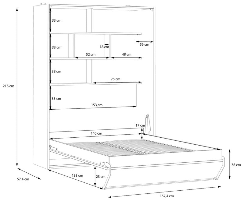 Schrankbett S-ROOM 140 x 200 Klappbett Weiß und Catania Eiche Forte