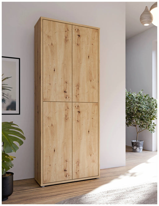 Garderobenschrank ALICE SPRINGS in Holz, Gesamtansicht mit vier vertikalen Türfronten und dunklem Metallrahmen.