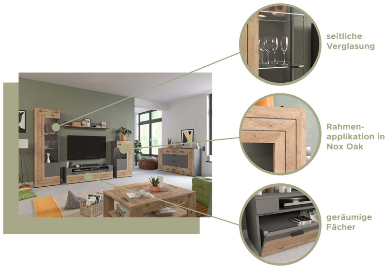 Wohnwand FRENO 4-teilig - in Nox Eiche/Grau inkl. LED-Beleuchtung