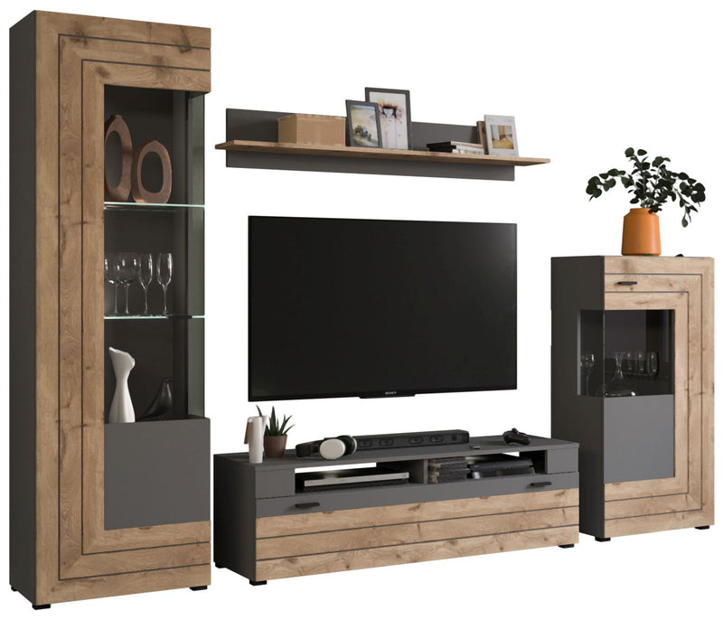 Wohnwand FRENO 4-teilig - in Nox Eiche/Grau inkl. LED-Beleuchtung