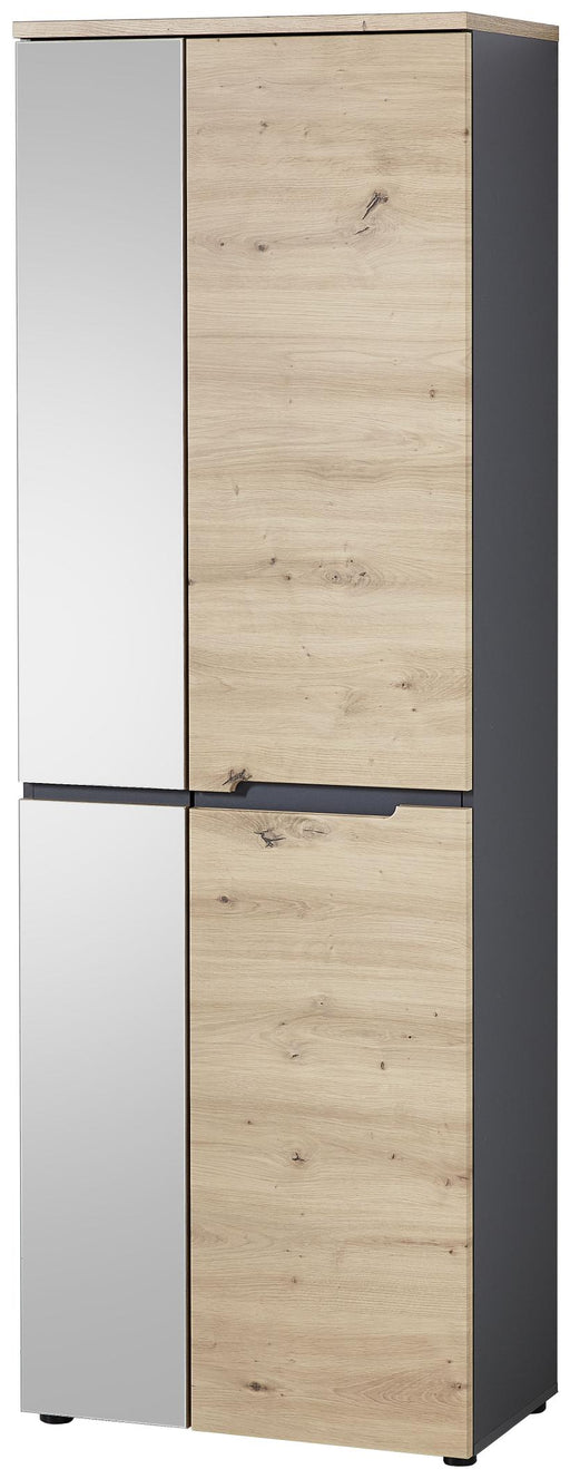 Dielenschrank Memphis mit Spiegel, Gesamtansicht von vorne mit Spiegeltüren links und Holztüren in Artisan Eiche rechts.