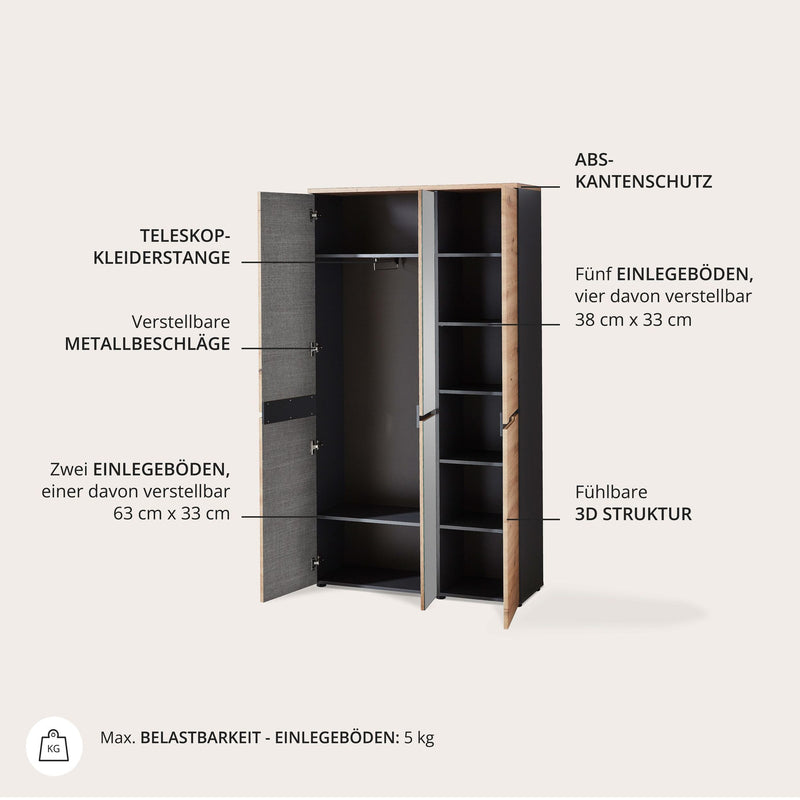 Dielenschrank Memphis 3-türig mit Spiegel Artisan Eiche Graphit
