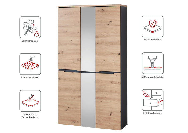 Dielenschrank Memphis 3-türig mit Spiegel Artisan Eiche Graphit