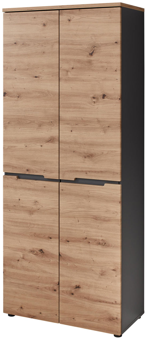 Schuhschrank Memphis 2-türig Artisan Eiche Graphit in Gesamtansicht mit Holzoptik und dunkelgrauer Seitenwand.