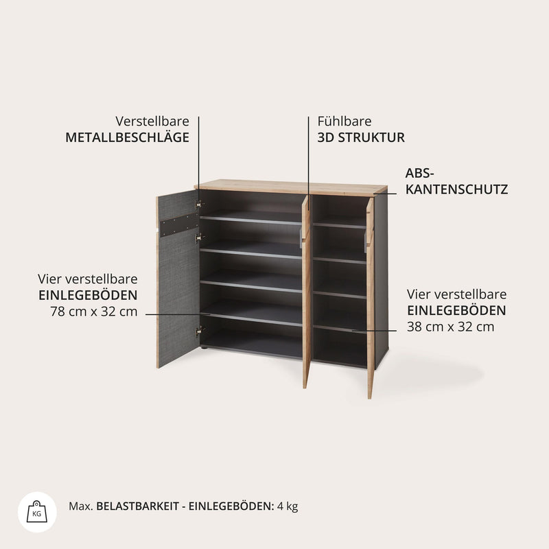 Schuhschrank MEMPHIS 3-türig Artisan Eiche Graphit Nachbildung