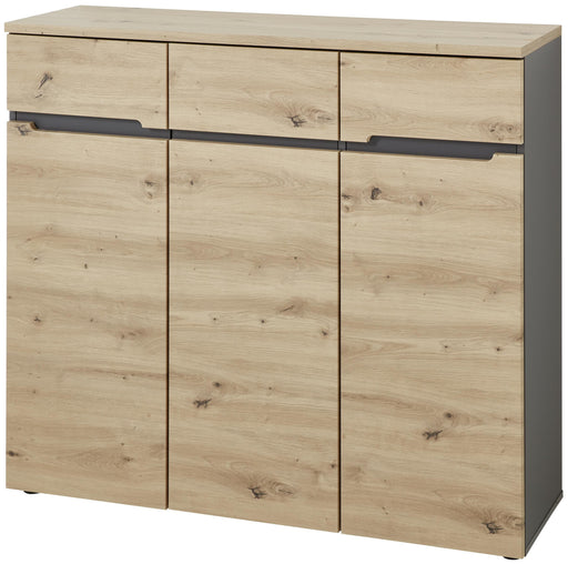 Schuhschrank MEMPHIS 3-türig Artisan Eiche Graphit Nachbildung mit drei Holztüren und schwarzen Griffleisten in Gesamtansicht.