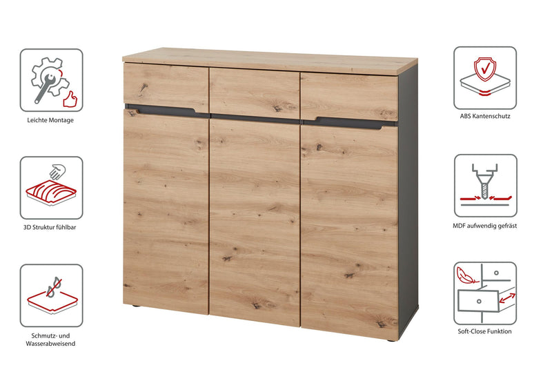 Schuhschrank MEMPHIS 3-türig Artisan Eiche Graphit Nachbildung