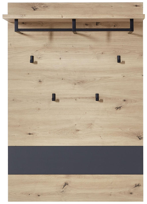 Garderobenpaneel MEMPHIS 80 cm mit Hutablage, Artisan Eiche und Graphit, Gesamtansicht mit vier Haken.