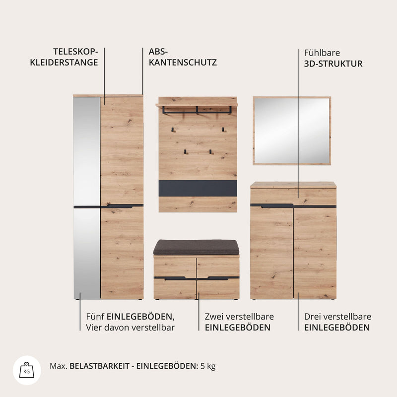 Garderoben Set MEMPHIS GH80 Artisan Eiche Nachbildung 5-teilig