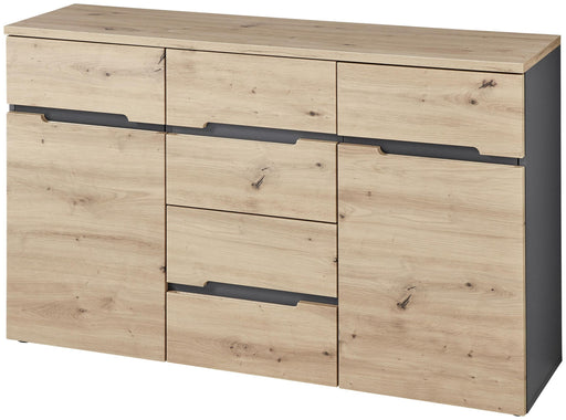 Kommode MEMPHIS GH27 2-türig Artisan Eiche Graphit in Gesamtansicht mit heller Holzfront und schwarzen Griffen.