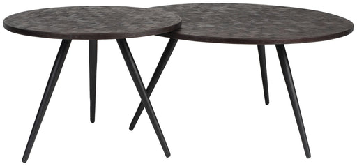 Couchtisch WEBSTER 2-er Set mit zwei ovalen dunkelbraunen Tischplatten und schwarzen Eisengestellen in Gesamtansicht.