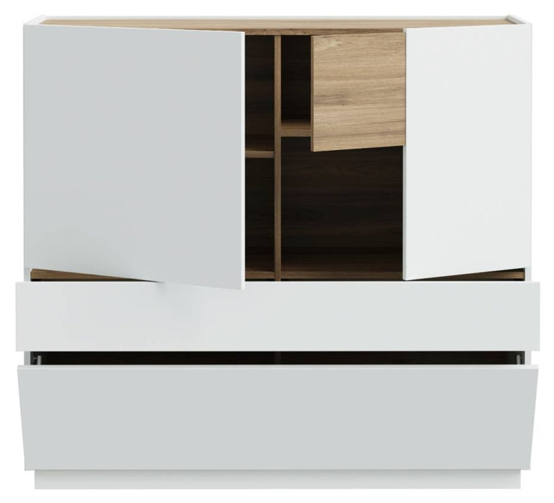 Highboard LEWISVILLE 3-trg. in Hellgrau mit offenen Fächern in Valencia Oak und schwarzem Absatz, Gesamtansicht von vorne.