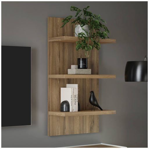 Wandboard LEWISVILLE B01 mit offenen Ablagen in Valencia-Oak-Optik, an der Wand montiert.