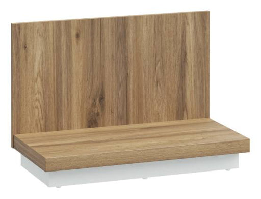 Regalelement LEWISVILLE B02 mit Ablage in Valencia Oak, Gesamtansicht mit Rückwand und Ablageelement.