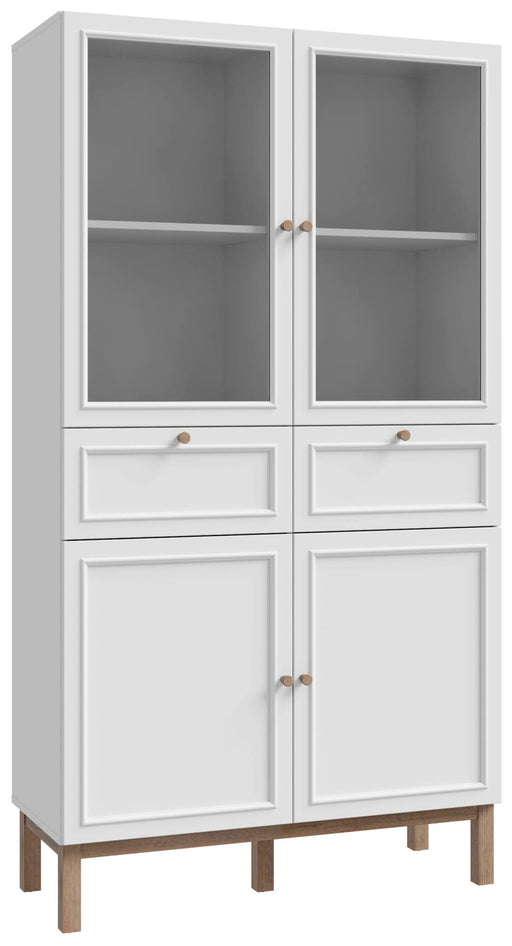 Vitrinenschrank PENKRIDGE in Gesamtansicht mit Glastüren oben, Schubladen und Türen unten, Holzfüßen.