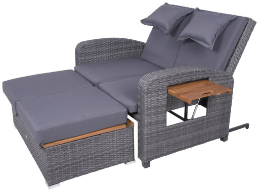 Multifunktions-Sofa BARI Gartensofa mit ausziehbarem Liegeelement, integrierten Holztischen und grauem Bezug.