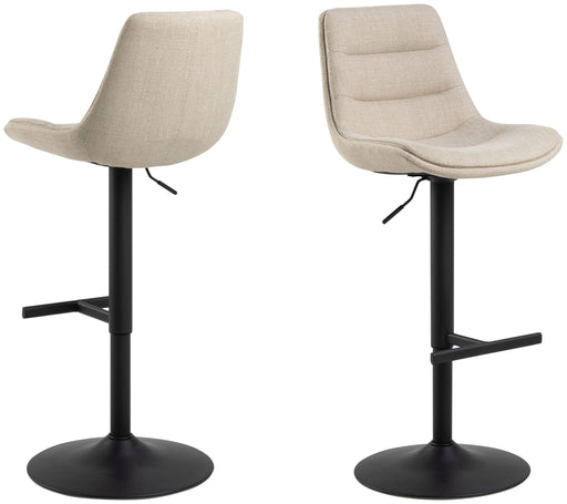 ADISA Barhocker 2erSet Stoff Basel Beige mit schwarzem Drehfuß und beigem Stoffbezug in Gesamtansicht von vorne und hinten.