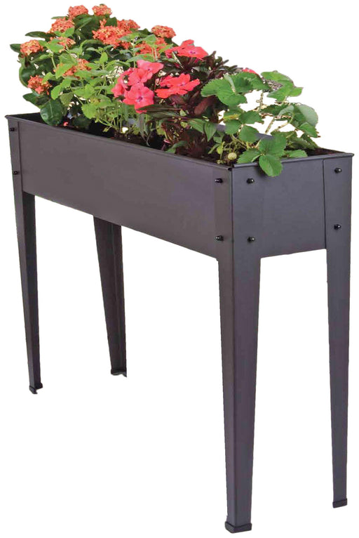 Hochbeet BEDELIA in Anthrazit mit bunten Blüten in Gesamtansicht von vorne.