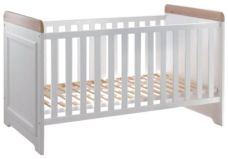 Babybett Kinderbett Jasmin 70 x 140 cm 3 Schlupfsprossen Pinie weiß