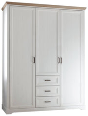 Kleiderschrank JASMIN 3-trg. 3 Schubladen mit weißer Pinie-Nachbildung, Oberböden in Artisan Eiche, Gesamtansicht von vorne.