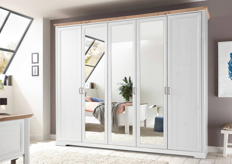 Kleiderschrank JASMIN 5 Türen mit Spiegel Pinie weiß Nachbildung