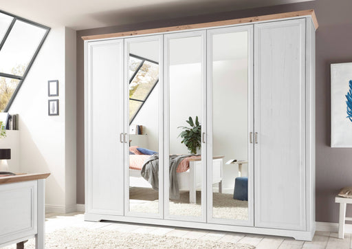 Kleiderschrank JASMIN 5 Türen mit Spiegel in Pinie weiß und Artisan Eiche, Gesamtansicht.