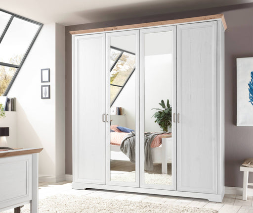 Kleiderschrank JASMIN 4-trg mit Spiegeltüren in Pinie weiß Nachbildung, Gesamtansicht.
