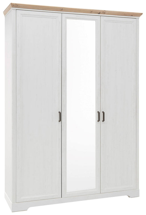 Kleiderschrank JASMIN mit 3 Türen in Pinie weiß Nachbildung, Spiegeltür in der Mitte und Eichenholz-Absetzung.