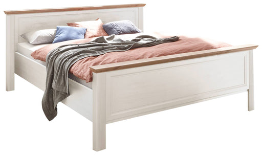 Bett JASMIN in Pinie Weiß Nachbildung mit Landhausstil-Gestell und Holzrahmen in Braun, Gesamtansicht.