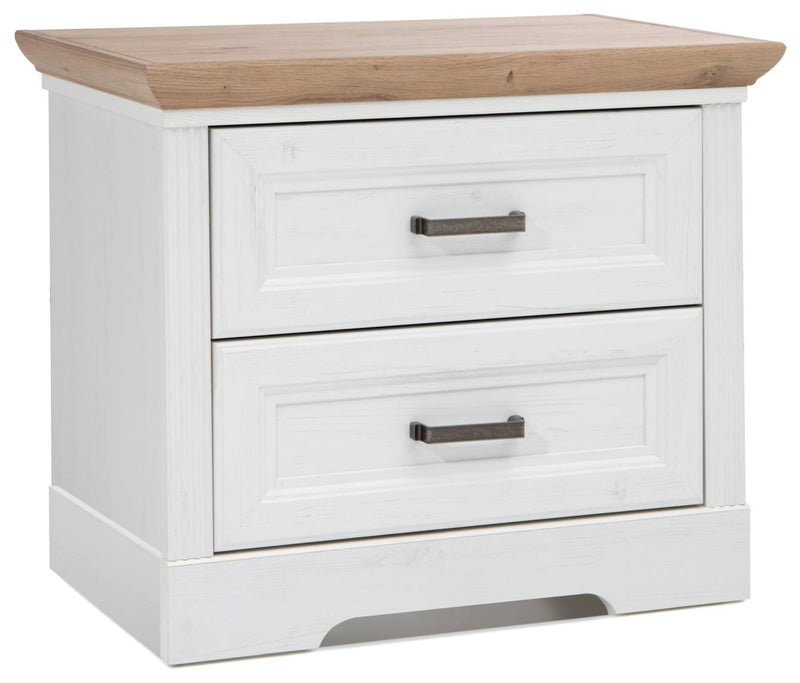 Nachtkästchen JASMIN mit weißem Korpus, zwei Schubladen und Oberboden in Artisan-Eiche-Optik, Gesamtansicht.
