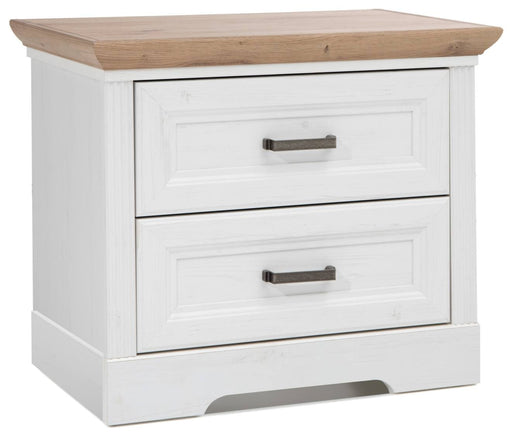Nachtkästchen JASMIN mit weißem Korpus, zwei Schubladen und Oberboden in Artisan-Eiche-Optik, Gesamtansicht.