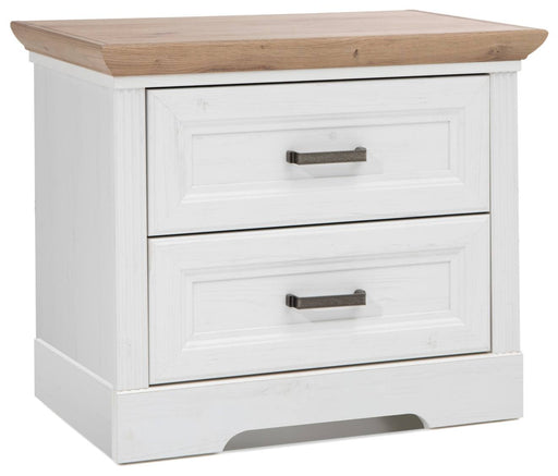 Nachtkästchen JASMIN mit weißem Korpus, zwei Schubladen und Oberboden in Artisan-Eiche-Optik, Gesamtansicht.