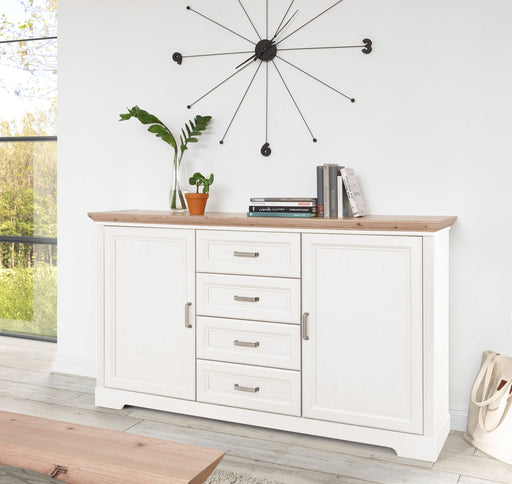 Sideboard Kommode JASMIN mit zwei Türen, vier Schubladen und Oberboden in Artisan Eiche, frontal in Gesamtansicht.