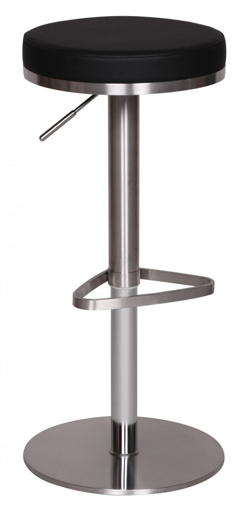 Barhocker WL1.293 Schwarz mit runder schwarzer Sitzfläche, Edelstahlsäule und Fußring, Gesamtansicht.
