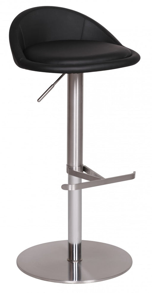 Barhocker WL1.281 mit schwarzem Polyurethan-Bezug, Edelstahl-Säule und runder Fußplatte in Gesamtansicht.