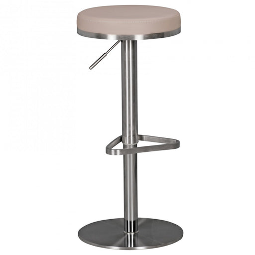 Barhocker WL1.942 in Taupe mit runder Sitzfläche, Edelstahlständer und verstellbarer Sitzhöhe in Gesamtansicht.